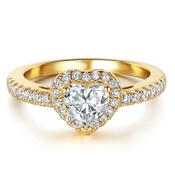 18K Yellow Gold and White Diamond Cubic Zirconia Halo Heart Engagement Ring - Picture 1 of 5